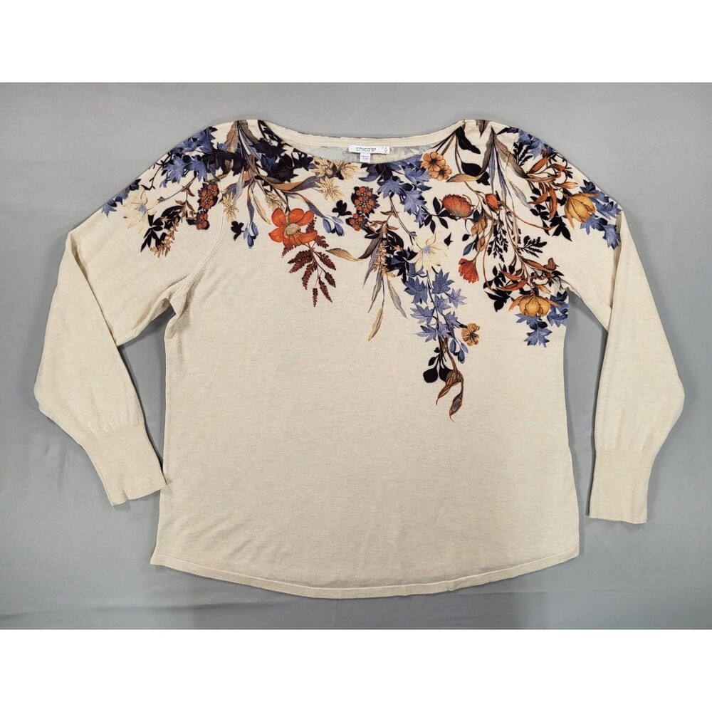 Chico's Floral Autumn Pullover Sweater Bize Size 3 XL Knit